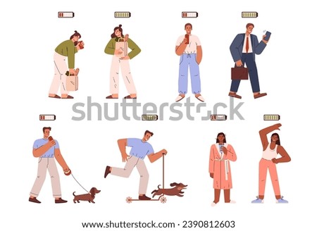 Tired, sleepy persons drinking an energy drink. Happy active people with full of power and positive vitality. High and low energy life battery charge indicator. Vector people characters set