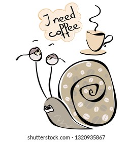 Tired and sleepy snail dreaming of a mug of refreshing hot coffee with a quote 'I need coffee', Vector illustration
Grouped objects and separate layers. EPS 10 file, suitable for emoticon, stickers.