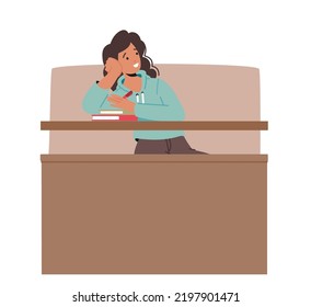 Tired And Sleepy Student Girl On Bored Lecture In College Or University Hall. Young Woman Sitting at Desk in Class or Auditorium, Female Character Learning. Cartoon People Vector Illustration