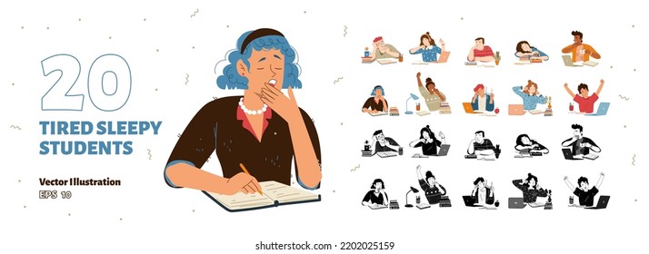 Tired sleepy students at desk with books and laptops. Diverse young characters feel tiredness, bored, yawn and sleep, vector hand drawn collection of persons in color and black and white style