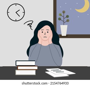 Tired sleepy teenager girl studying alone at night with textbook and assignment on desk. Girl feeling overwhelmed. Study Burnout, Deadline, time management concept. Flat vector illustration.