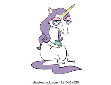 tired sleepy unicorn drinks coffee purple hair mane horn mug of bruises under the eyes cartoon funny cute vector