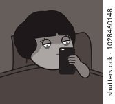 Tired Sleepy Woman Using Smartphone At Late Night Sitting On Bed. Mobile Addict Concept Card Character illustration