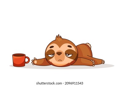 A tired sloth reaches for a mug of coffee. Vector illustration for designs, prints and patterns. Vector illustration