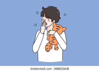 Tired small boy child with toy yawn feel fatigue want sleep. Exhausted small teen kid with teddy bear ready for bed in evening. Drowsiness and exhaustion. Childcare concept. Flat vector illustration. 