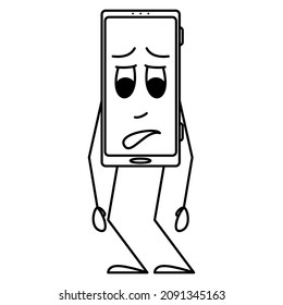 A tired smartphone with a sad emotion. Humanization of the gadget. A stylized smartphone with an emotion on the display. Vector icon, outline, cartoon, isolated. Editable stroke