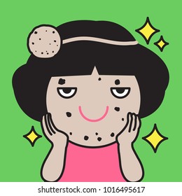 Tired Smiling Woman's Face In The rash. Face In The Pimples, Acne Spot That Look Like Cookie On Her Head Band Concept Card Character illustration
