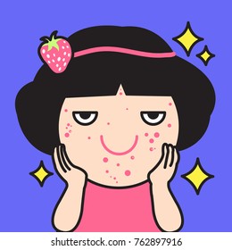 Tired Smiling Woman's Face In The rash. Face In The Pimples, Acne Spot That Look Like Strawberry On Her Head Band Concept Card Character illustration