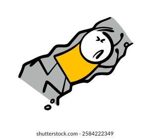 Tired stickman crawls in a narrow passage underground. Vector illustration of a man trapped, suffering. Psychological framework.  Isolated funny character on white background.