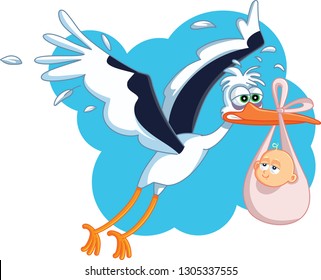 Tired Stork with Baby Flying Vector Cartoon. Cute baby shower announcement card invitation
