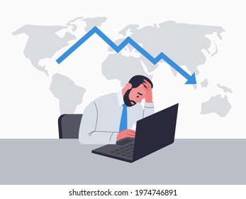 Tired or stressed businessman sitting at the desk in panic digital stock market financial background. Graph of stock price drop. Business and stock investment concept vector illustration.