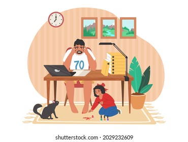 Tired stressed dad working on computer while naughty kid preventing him doing his work, flat vector illustration. Remote work, freelance. Parental stress, parenting problems when raising children.
