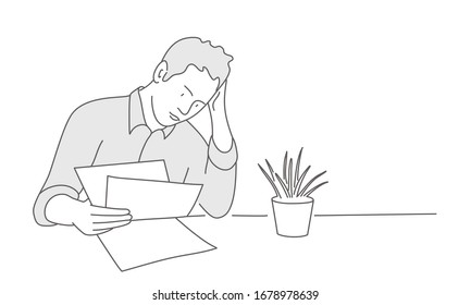 Tired or stressed man with documents. Hand drawn vector illustration.