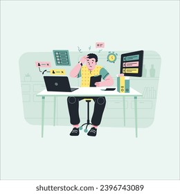 Hombre cansado y estresado trabajando en computadora en la oficina. Ilustración del vector