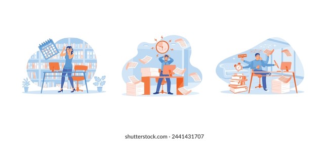 Cansado y estresado. Los gerentes trabajan con documentos y plazos dispersos. Los empleados están abrumados con el trabajo. Concepto de fecha límite. Establecer ilustración vectorial plana.