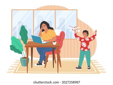 Tired stressed mom working on computer while her kid making noise playing with airplane, flat vector illustration. Remote work, freelance. Parental stress, parenting problems when raising children.