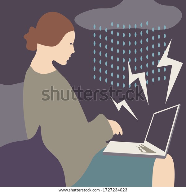 疲れたストレスを感じた人が家でパソコンをして働いている バーンアウト症候群 ノートパソコンを使ってストレスを感じた女性 仕事 読書 ニュースを見る ベクターフラットイラスト Eps10 のベクター画像素材 ロイヤリティフリー
