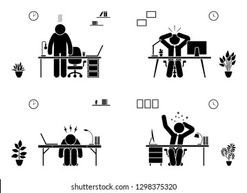 Tired, stressed, unhappy, bored stick figure man office vector icon set. Hard working business person pictogram