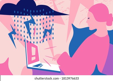 TIRED stressed woman at home on computer. ARTWORK: " Burnout syndrome " - Overwhelming information. Stressed pink purple woman using laptop. Working, reading, watching news. Flat VECTOR. EPS10.