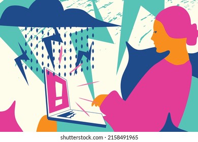 TIRED stressed woman at home on computer. Burnout syndrome. Overwhelming information. Stressed woman using laptop. Working, reading, watching news. Flat VECTOR. EPS10.
