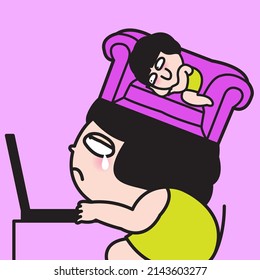 Tired Stressed Working Girl With Imagination Head Of Resting On Sofa Concept Card Character illustration