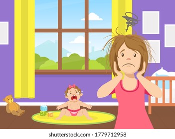 Tired Stressed Young Mom Standing Next To Crying Baby, Fatigue And Depression, Problem Of Maternity Vector Illustration