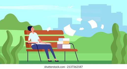 Tired student with book sleep on bench in city park. Flying paper sheets, books and dreaming reading girl. Summer outdoor time vector scene