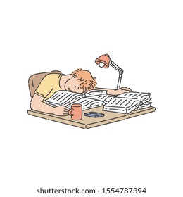 Tired student boy falling asleep on pile of books and papers on table while reading and studying in hand drawn style - isolated vector illustration of exhausted boy preparing for exam.