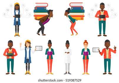 Tired student carrying a heavy pile of books on his back. Sad student with pile of books. Student holding many books on his back. Set of vector flat design illustrations isolated on white background.