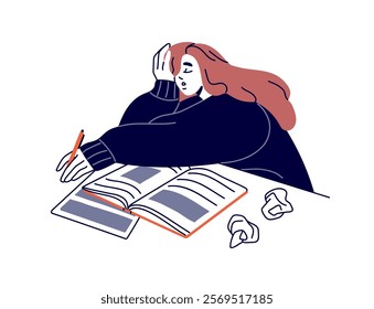 Tired student falls asleep over textbooks while learning. Exhausted girl sleeps on books during she studies, does homework, reading. Flat isolated contour vector illustration on white background