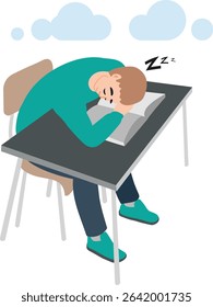 Tired student fell asleep at his desk. Illustration of a young man sleeping at his desk. School days.