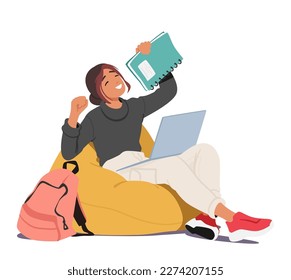 Tired Student Girl Character Sitting With Her Laptop And Books, Caught Mid-yawn. Educational Or E-learning Process, Online Education, Preparation to Exam. Cartoon People Vector Illustration