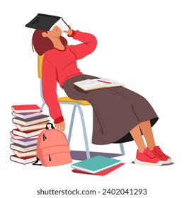 Tired Student Girl Peacefully Sleeps, Surrounded By A Fortress Of Books, Finding Solace In Embrace Of Dreams As Exhaustion Takes Over, A Temporary Respite From Academic Challenges. Vector Illustration