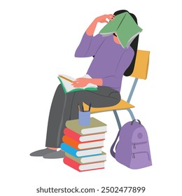 Tired Student Girl Peacefully Sleeps, Surrounded By A Fortress Of Books, Finding Solace In Embrace Of Dreams As Exhaustion Takes Over, A Temporary Respite From Academic Challenges. Vector Illustration