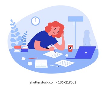 Tired student girl studying at night. Writer, handwritten text, papers, computer, coffee flat vector illustration. Deadline, time management concept for banner, website design or landing web page