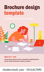 Tired student girl studying at night. Writer, handwritten text, papers, computer, coffee flat vector illustration. Deadline, time management concept for banner, website design or landing web page