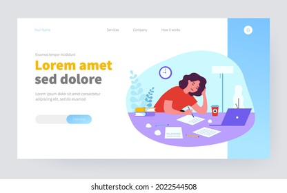 Tired student girl studying at night. Writer, handwritten text, papers, computer, coffee flat vector illustration. Deadline, time management concept for banner, website design or landing web page