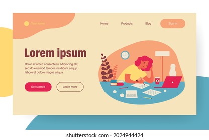 Tired student girl studying at night. Writer, handwritten text, papers, computer, coffee flat vector illustration. Deadline, time management concept for banner, website design or landing web page