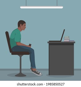 Tired student guy or office worker sitting in front of laptop with coffee cup. Exhausted black male during remote working. Vector flat modern frustration concept. 