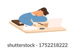 Tired student guy sleeping on table in front of laptop during prepare to exam vector flat illustration. Exhausted pupil lying on desk surrounded by paper notebook and book isolated on white