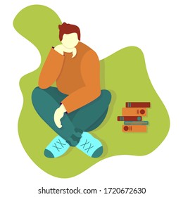 Tired student having stress before an exam. Concept of procrastination. Young guy sitting propping his head up with hand. Vector illustration in flat cartoon style. Stack of thick books for study.