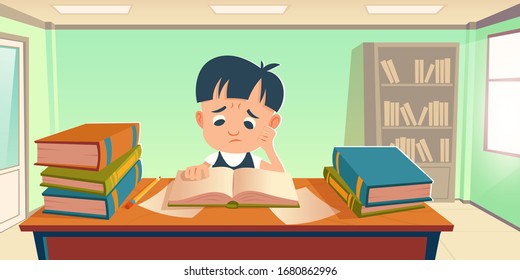 Tired student having stress of study. Sad boy reading book, prepare for exam or homework in school or university. Vector cartoon illustration of upset pupil sitting at table with stacks of books