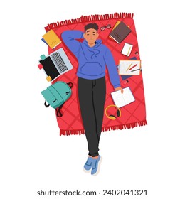 Tired Student Lies On The Floor, Laptop By his Side, Surrounded By Scattered Books, Drained From Studying, Seeking Solace In Sleep Amidst The Weight Of Academic Responsibilities. Vector Illustration