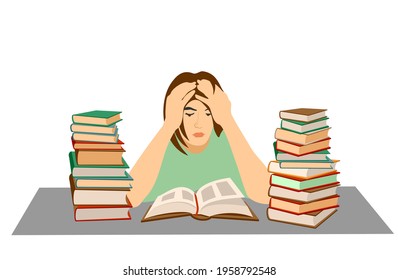 Tired student. Mental stress, education, preparation, frustration, learning concept. Tired depressed frustrated girl student has fear before exam or university tests. Stressful time in study process.