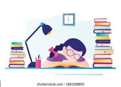 Tired student preparation for exam or test. Schoolgirl sleeps at desktop. Exhausted child does lot of homework. Girl sleeping among books at table. Banner in trendy style. Flat vector illustration