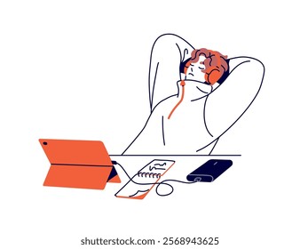 Tired student relaxes at online lecture at tablet. Boy listens to music, audio podcast by headphones. Teenager study, learning in distance education. Flat isolated contour vector illustration on white