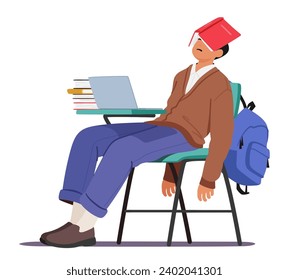 Estudiantes Cansados En El Escritorio, Una Laptop Abierta Y Rodeada De Una Serie De Libros, Buscando Refugio En El Dormir Del Temor De Estudiar, Perdidos En Un Mundo De Sueños Y Respiro. Ilustración vectorial