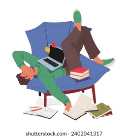 Tired Student Slumbers With Laptop Amidst A Sea Of Books, Overwhelmed By Fatigue From Relentless Studying, Yearning For A Peaceful Sleep And Break From Academic Pressures. Cartoon Vector Illustration