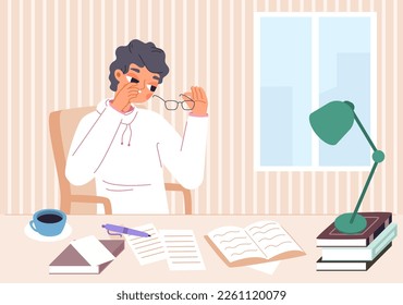 Tired student study, reading books and writing exercises. Teenager want to sleep, rubs eyes due to long studying. Young teacher or freelancer, vector scene