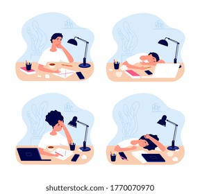 Tired Students. Study Characters, Home Working. Flat Professional Woman Man At Workplace. Cartoon Creative Freelancer Vector Illustration